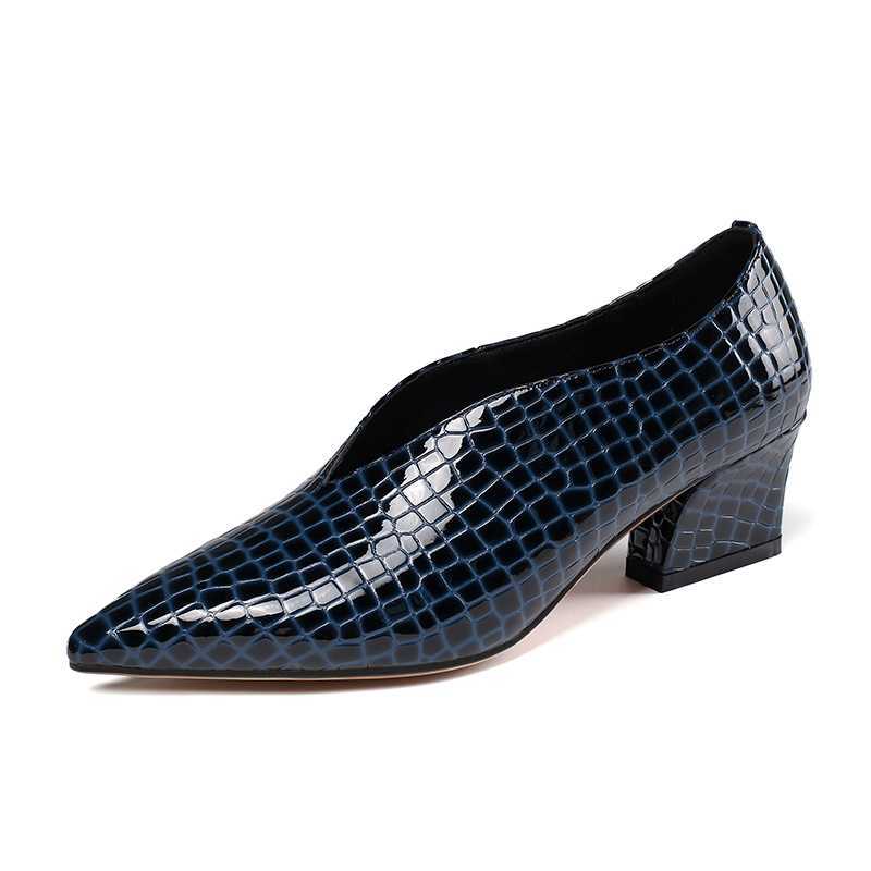 Navy Blue Crocodile Effect Pattern Women Sext Pointy Toe High Heel Shoes Chic Ladies Slip on