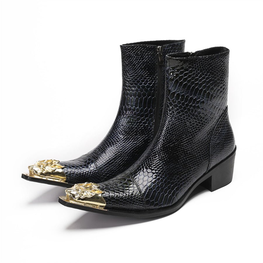 Glossy Serpent Pointed Captoe Elevator Ankle Boots