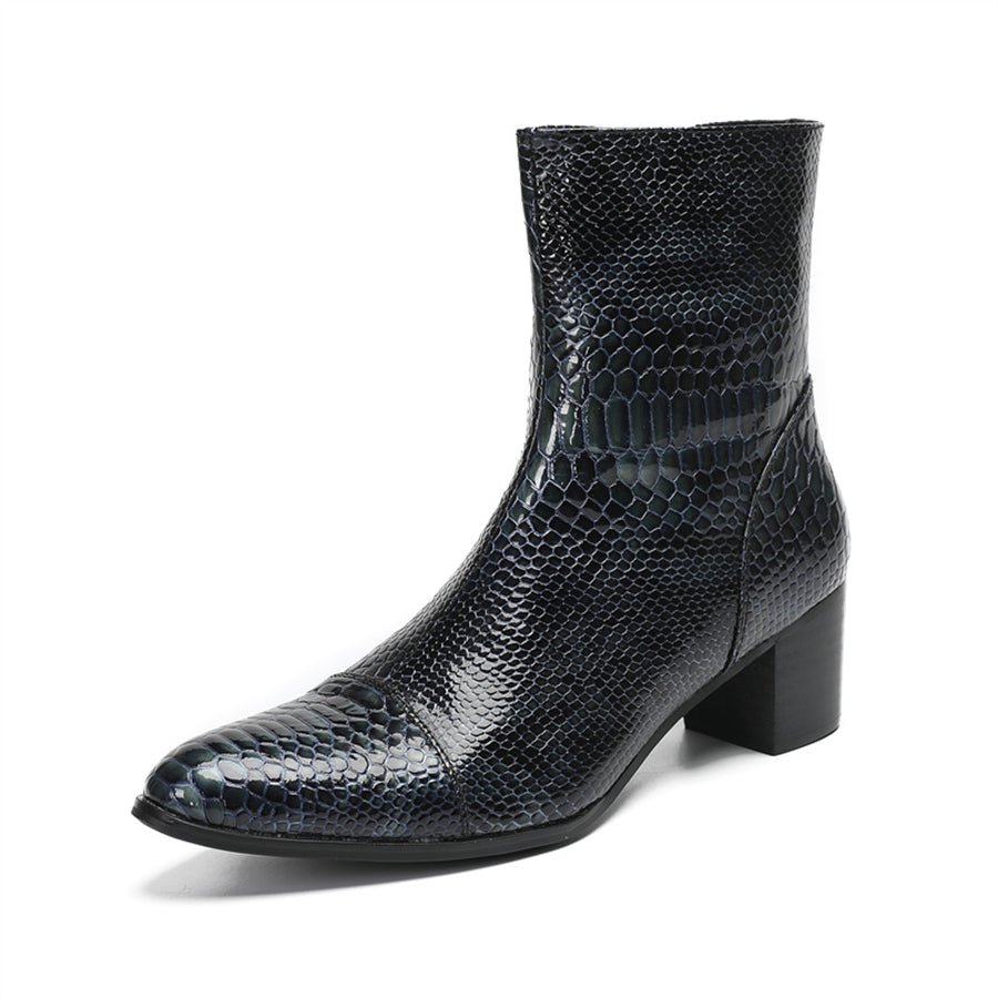 Glossy Serpent Pointed Captoe Elevator Ankle Boots