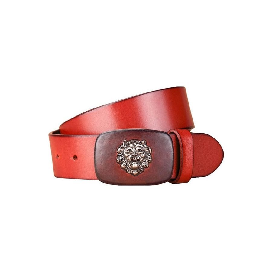 Fashion Leather Gold Lion Head Red Sliding New Designer Auto Buckle Belt  Men's