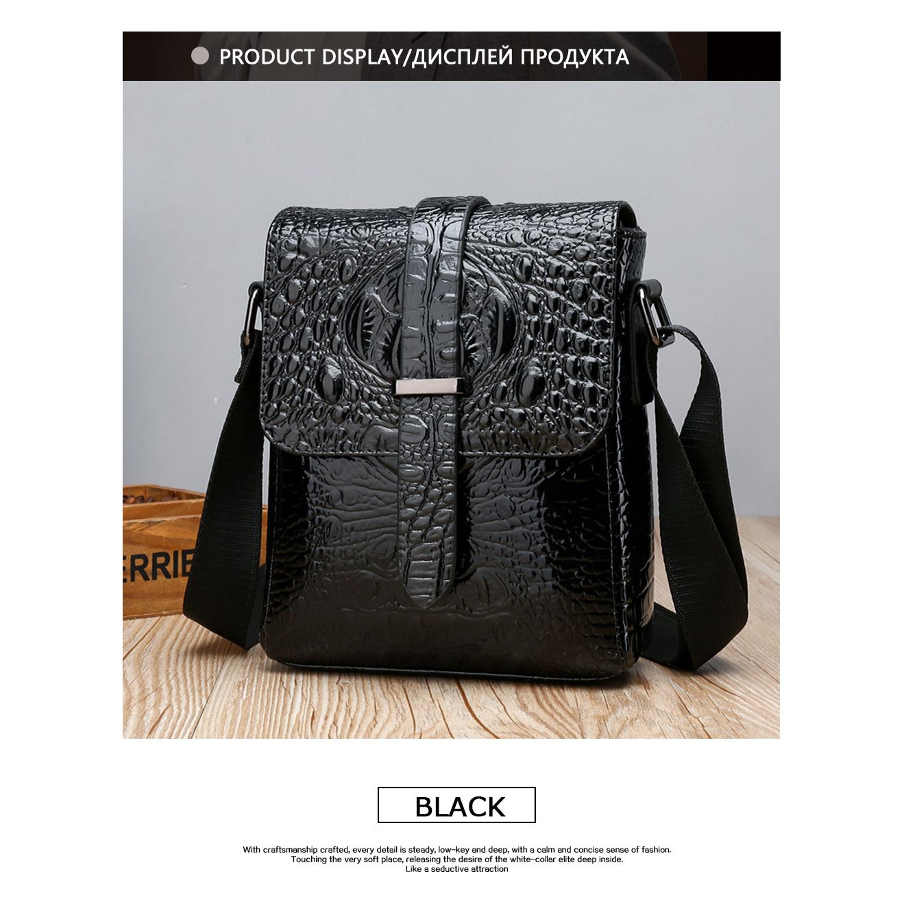 Original Crocodile Skin Leather Shoulder Bag, Black Men's Luxury Messenger  Bags
